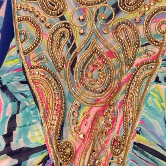 Lilly Pulitzer Lanette High Tide Navy Dancing Lady with Gold Beads and Stitch.
